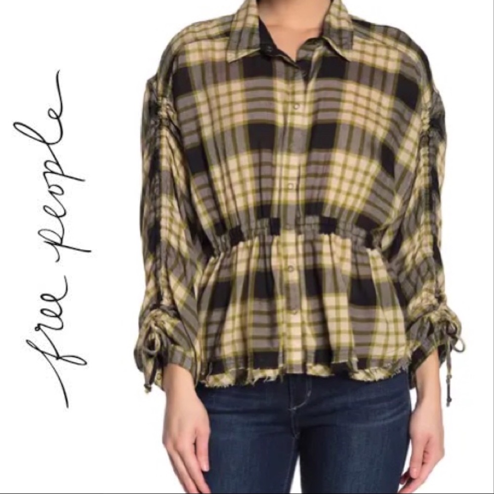 $118~FREE PEOPLE~Black/Green Plaid ‘Pacific Dawn’ Snap Front Cinch Waist Shirt~M